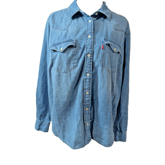 Levi's Tops - Levis Denim Shirt Women Size XL Blue Sawtooth Pearl Snaps Western Red Tab Rodeo